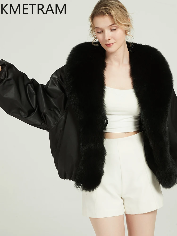 KMETRAM-abrigos de piel de conejo Rex Natural para mujer, Parka de doble cara, chaqueta, cuello de piel de zorro corto de invierno, 2025