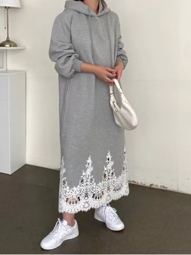 Renda emenda gancho flor moletom Dr feminino solto perna larga saia longa outono inverno novo Sle commute Sle Pure E-com...
