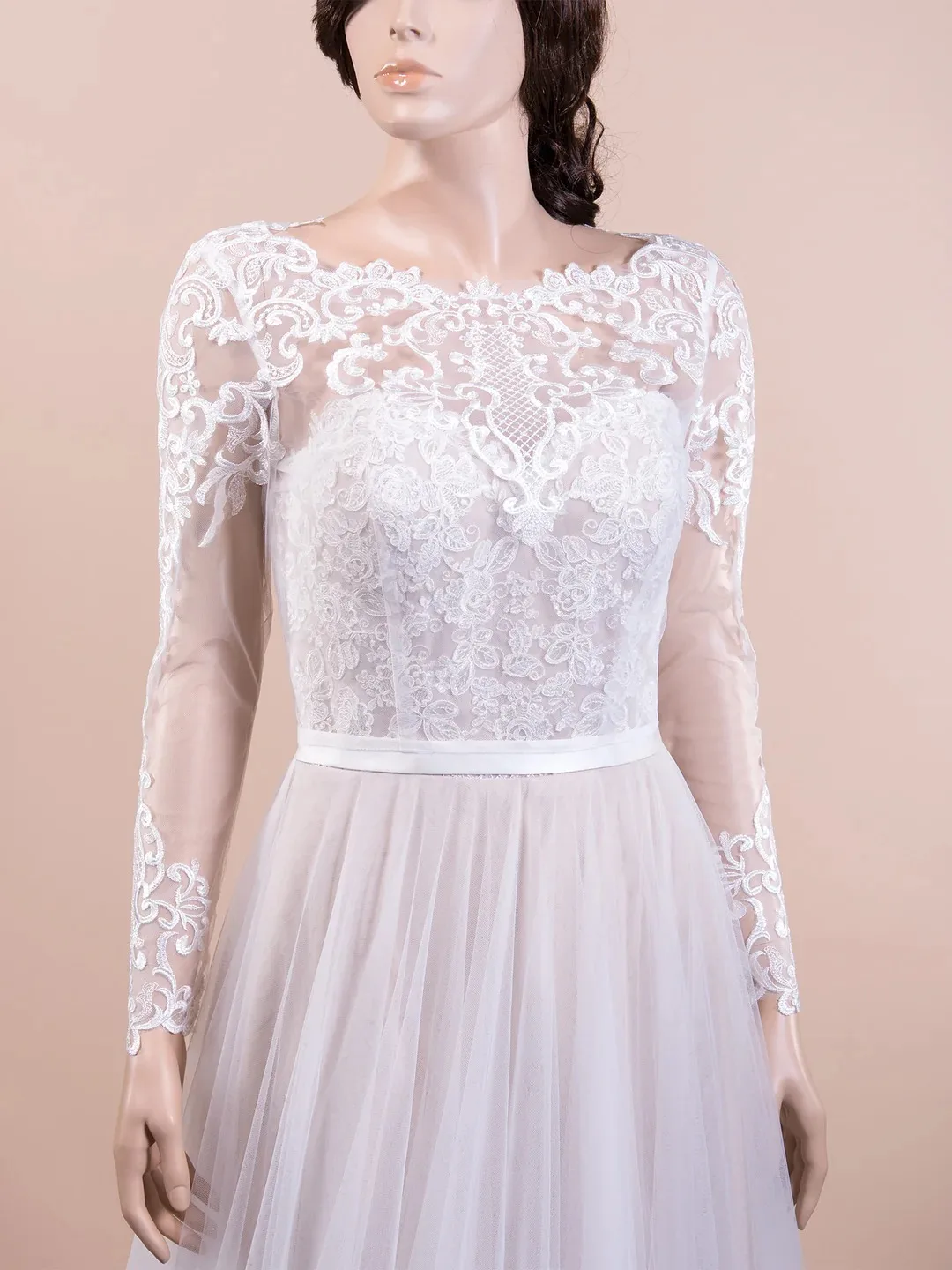 Elegant White Illusion Neckline Sheer Lace Long Sleeve Bridal Jacket with Scalloped Hem and Pearl Button Back Customizd J26673