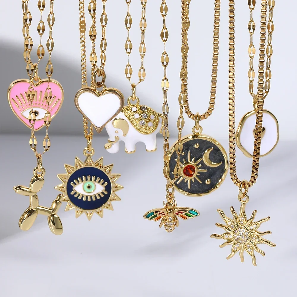 Cute  Pink Heart Blue Eye Necklace for Women Cross Gold Color Pendant Woman\'s Collars Long Stainless Steel Chains Y2k Jewelry