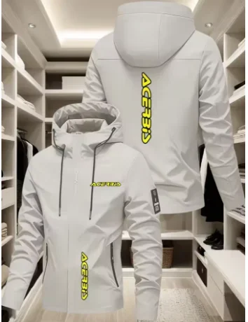 Men's Off-Road Motorcycle Style Hooded Jacket BIS Bright Yellow Logo Print Windproof Versatile Casual Functional Jacket