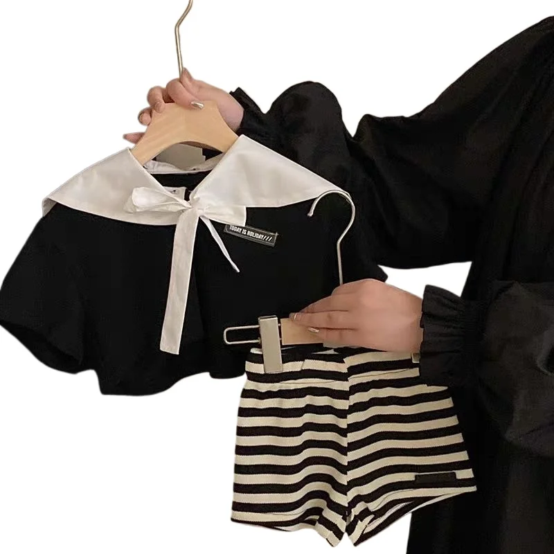 2025 Summer Children\'s Sets Girls\' School Style Short Sleeved Top Casual Striped Shorts Set Toddler Baby Girl Clothes Set