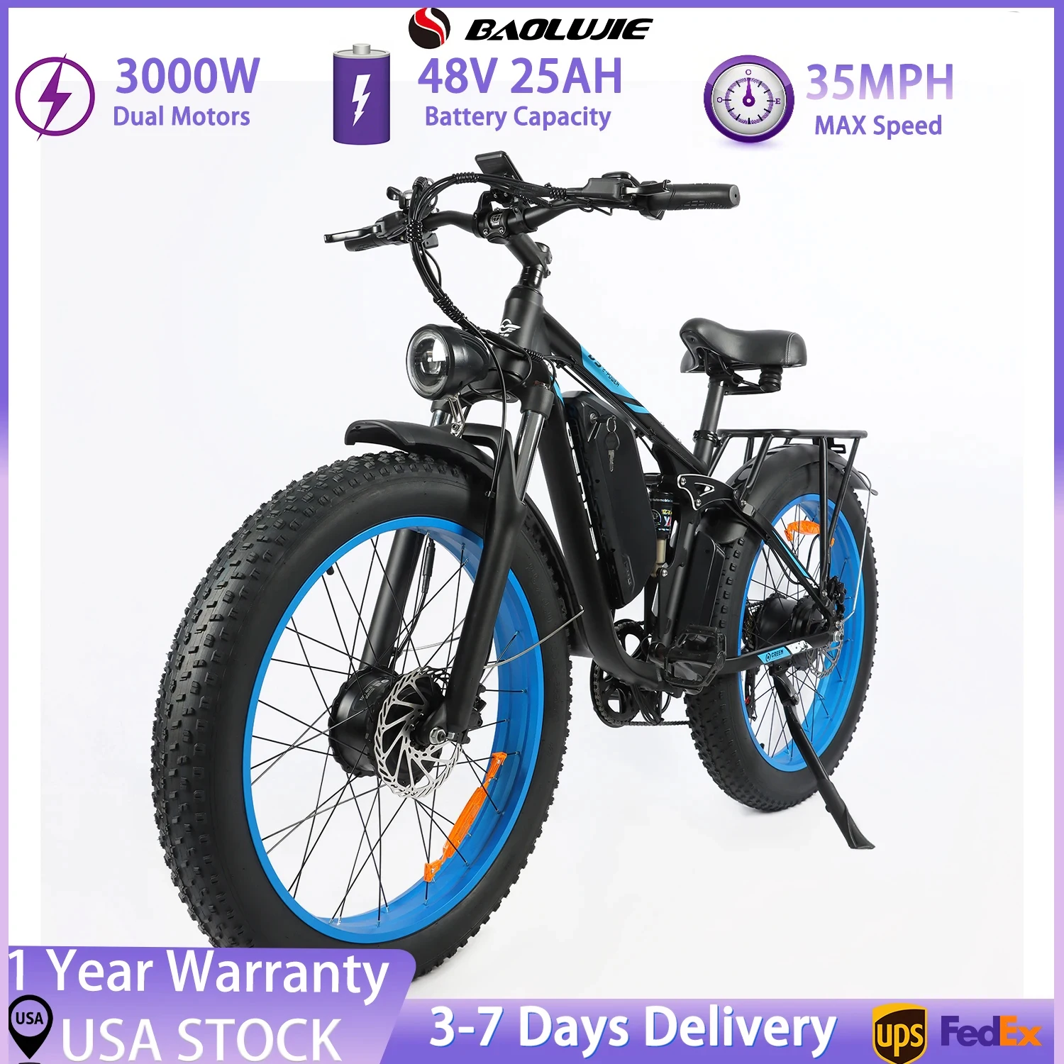 BAOLUJIE 2603 Bicicleta Elétrica para Adultos 3000W 48V 25AH Bateria de Lítio Bicicleta Elétrica Velocidade Máxima 35MPH UL 2849【1 Ano de Garantia】