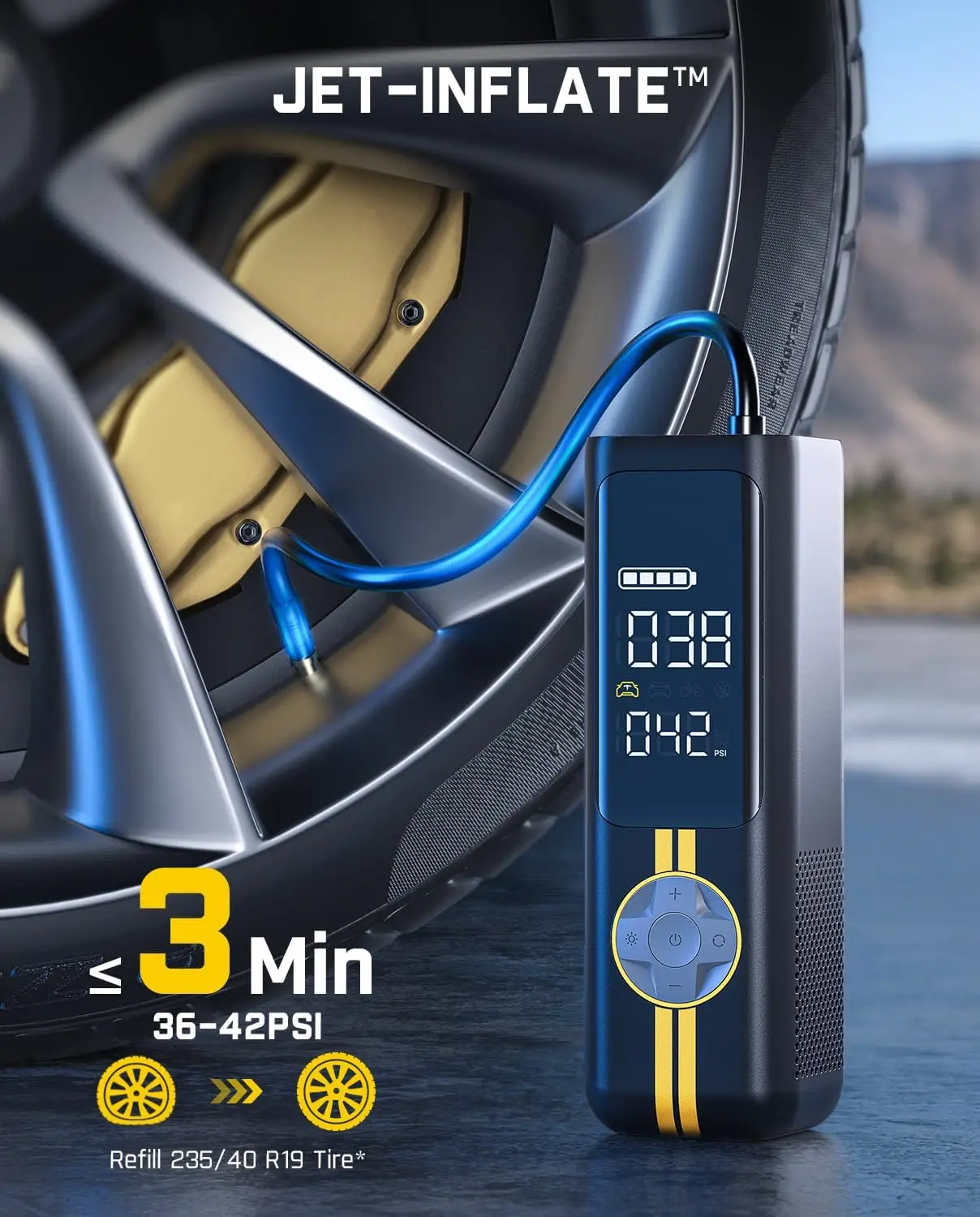 مضخة هواء لاسلكية محمولة، نفخ سريع 150 رطل لكل بوصة مربعة للسيارات والدراجات والكرات المزودة بالبطارية ومصباح يدوي