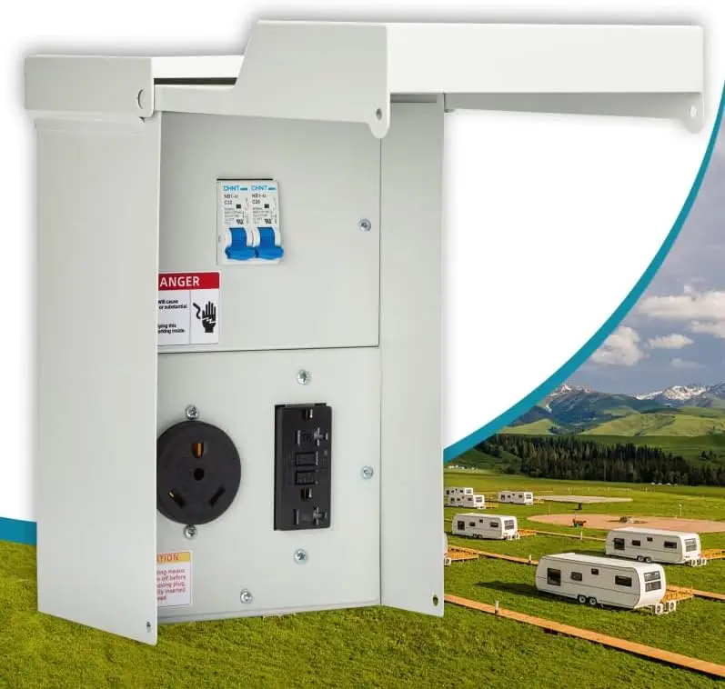 

Weatherproof RV Power Outlet Panel - 30A RV Box, 20A GFCI, Pre-Wired for EV Camper & Trailer Hookups