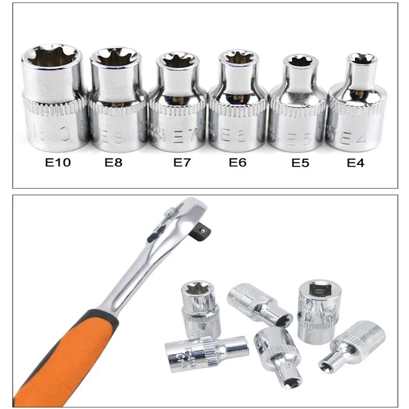 6pcs Drive Sockets Torx Star Female Bit E Socket Set Heat Treatment Chrome Treatment  For Socket Wrenches Sockets Hand Tools