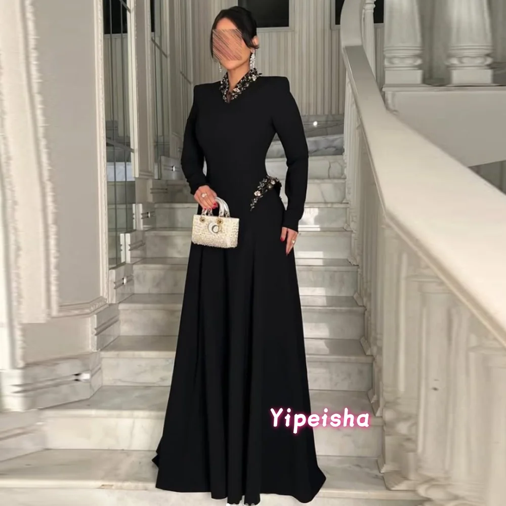 Customized Black Long Sleeve Beaded High Neck A-Line Maxi Evening Dress Women  Luxury Formal Prom Wedding Guest Gown view 3