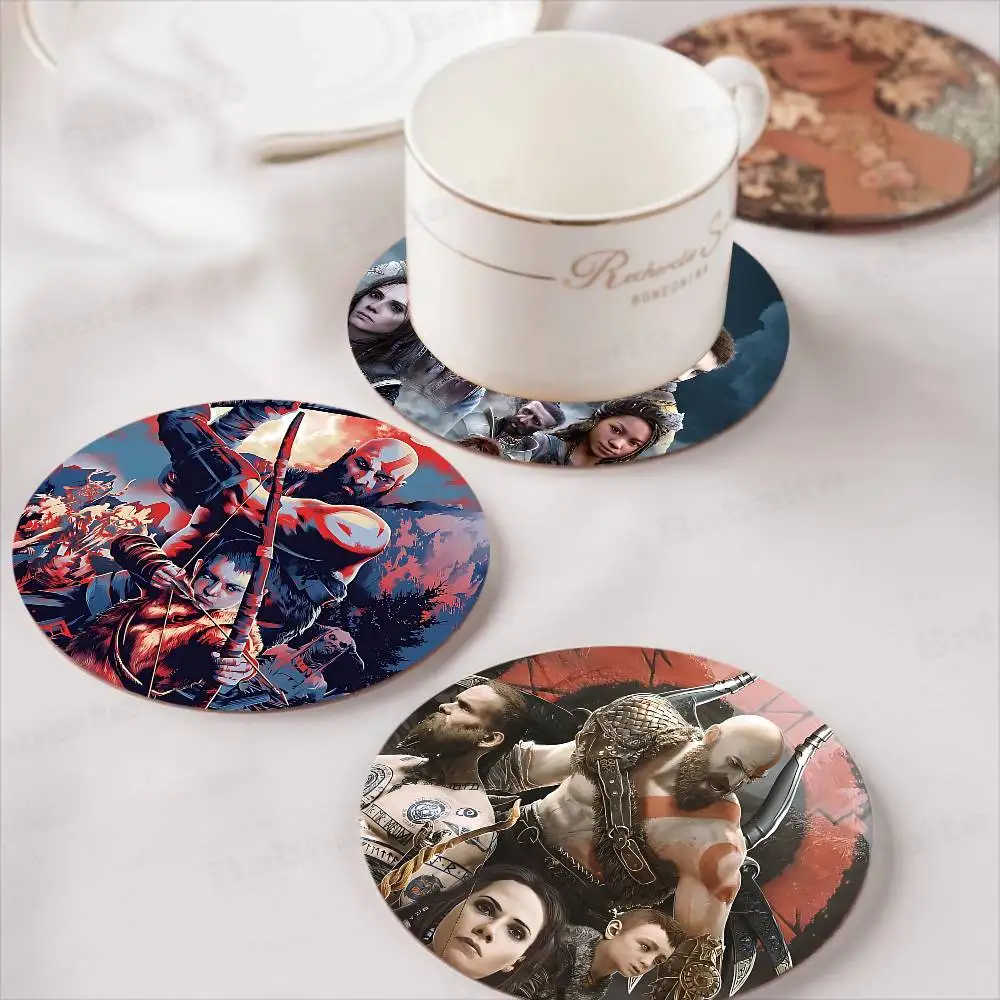 Action Game God of War Ragnarok pattern art painted wooden anti-slip coasters, suitable for decoration of living room