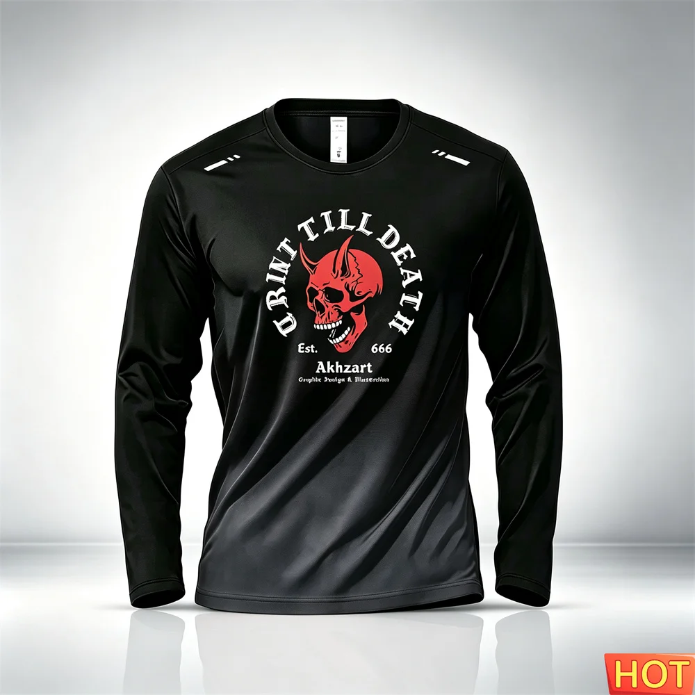 Gradient Men's sports Long sleeved T-shirt Autumn Cotton T-shirt American Skeleton Fitness Round neck T-shirt Gym Men's Clothing