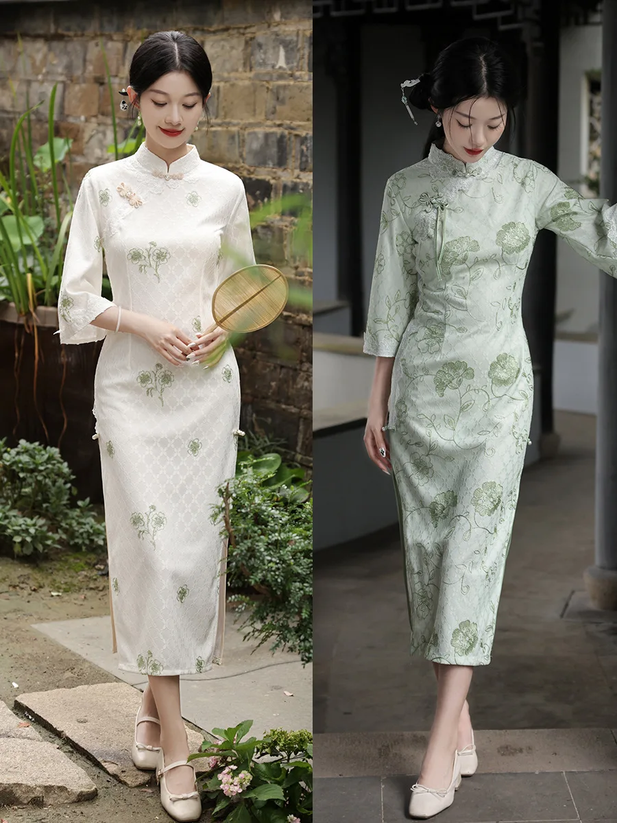 

Yourqipao Chinese Traditional Hanfu Improved Embroidered Cheongsam 2023 Autumn 3/4 Sleeve Long Qipao Vietnamese Dress for Women