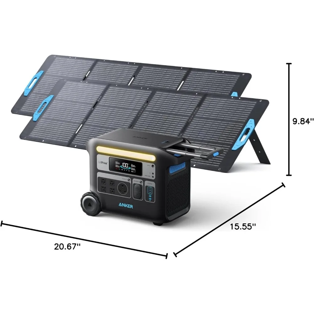 Solar Generator, 2048Wh Portable Power Station with LiFePO4 Batteries and 2× 200W Solar Panel, GaNPrime Technology 4 AC Outlets