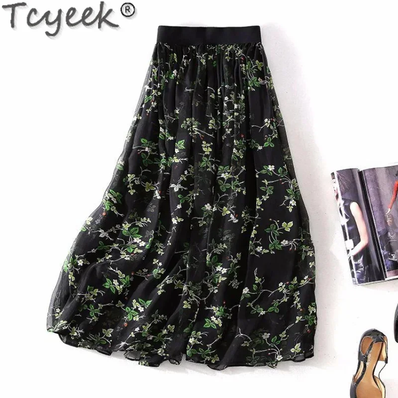 

Spring Tcyeek Summer New for Women Elastic Waist 100% Mulberry Silk s Woman Clothes Print Pleated Skirt Ropa De Mujer