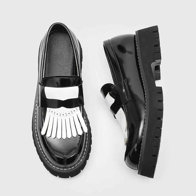 

Men Black White Tassel Platform Loafers Patent Leather Slip On Chunky Sole Casual Dress Shoes Business Office shoes Sizes 38-46