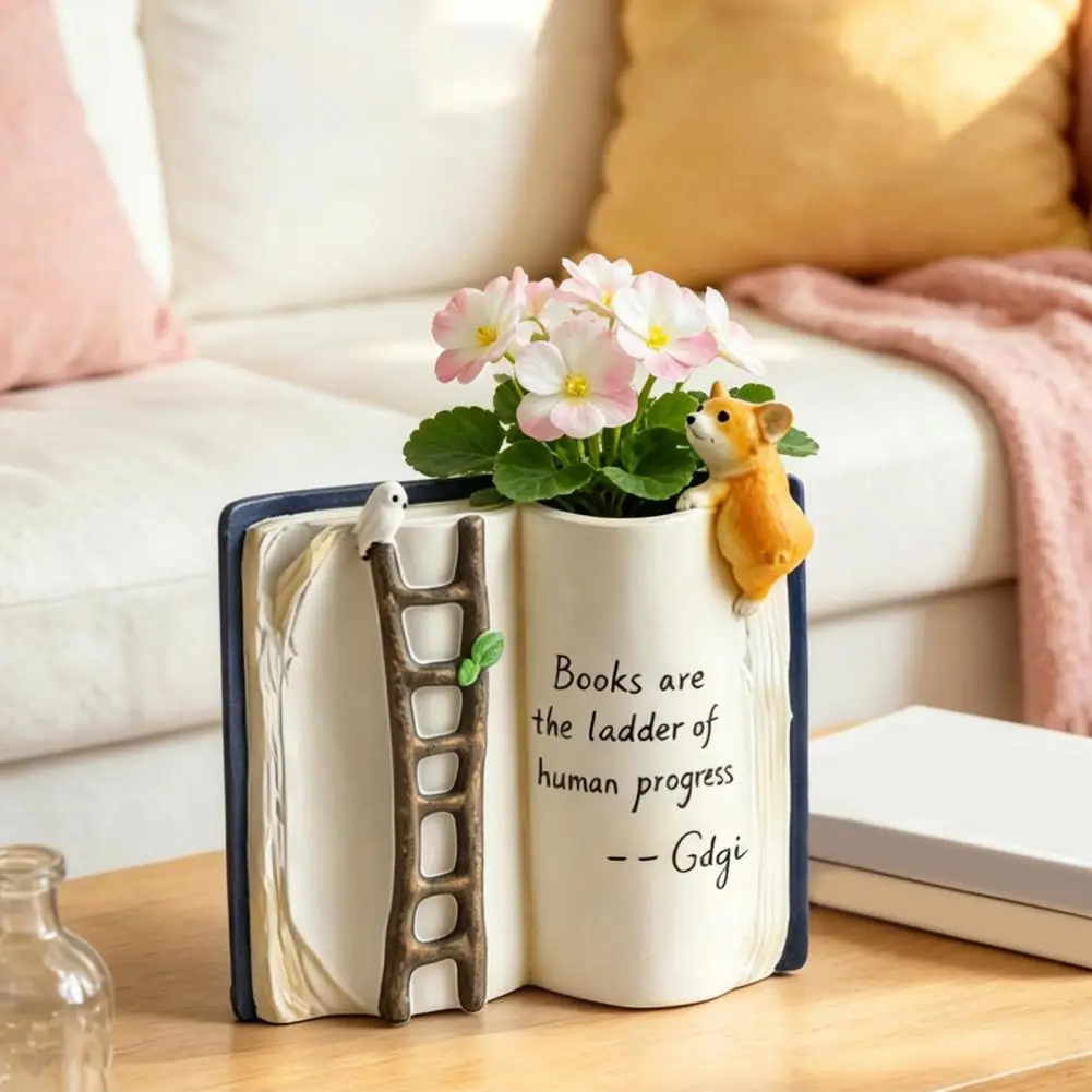 Small Indoor Plant Container Book Shaped Flower Pot with Ladder Puppy Bird Design Planter Decorative Desk Windowsill Ornament