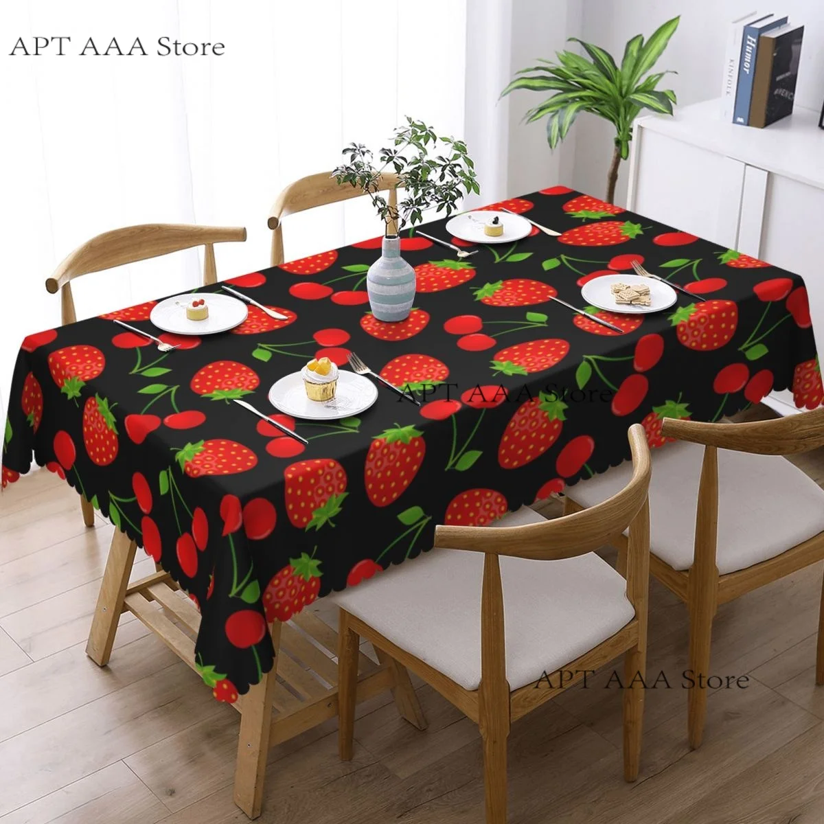 Strawberry With Cherry Tablecloth Waterproof Vintage Textile Table Cover Cloth for Party 60 inches