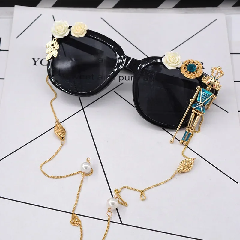 

Handmade Baroque King Doll Chain Decoration Sunglasses Women Retro Sun Glasses Flower Female High Quality Oculos De Sol Feminino