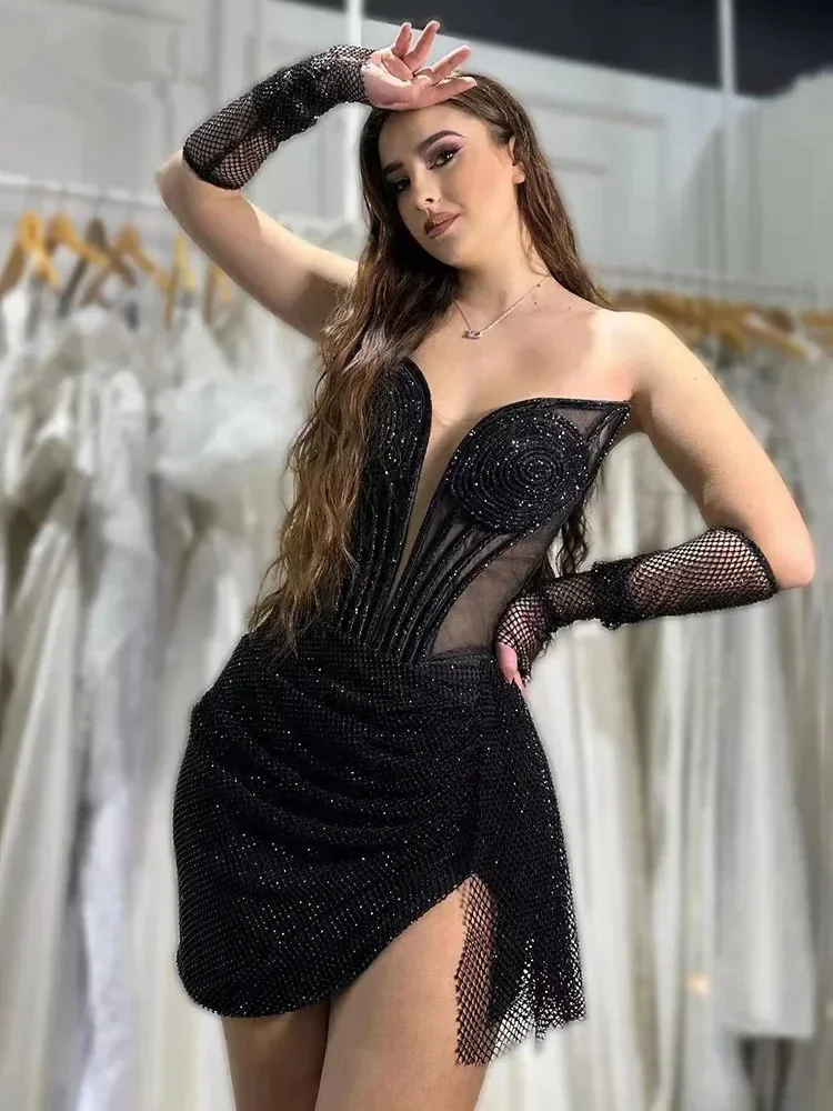 

Women Luxury Sexy Black Strapless Deep V Neck Mesh Beading Sequines Drapped Asymmetric Mini Celebrity Evening Club Party Dresses