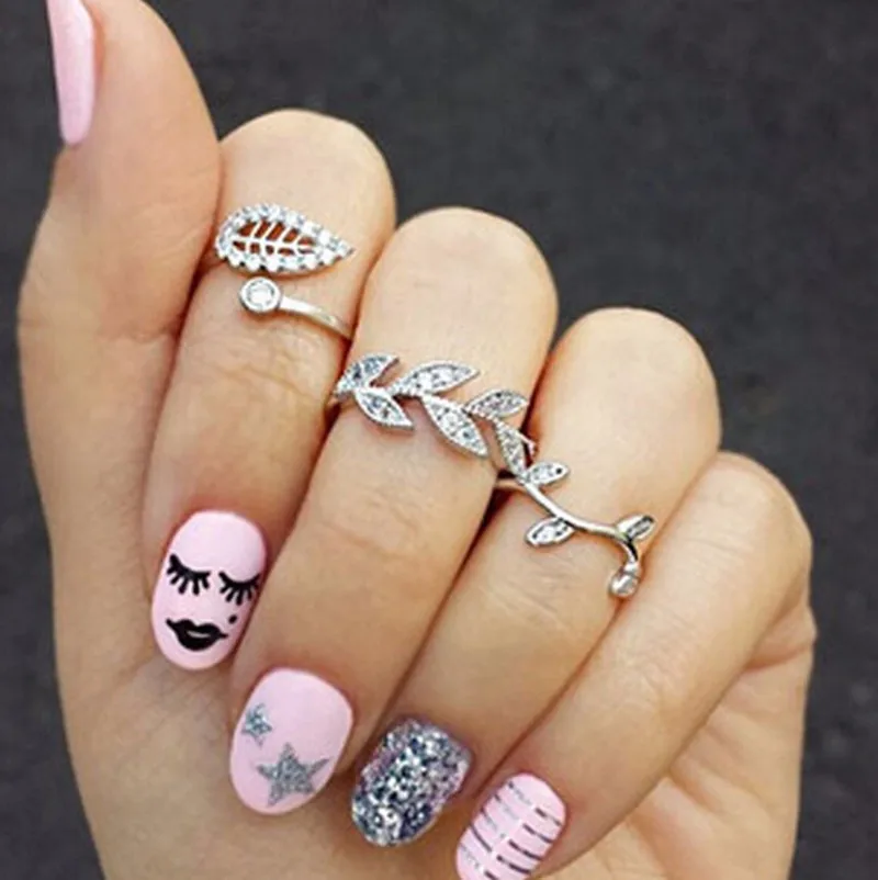 3pcs/set Silver Color Rhinestone Crystal Women Rings Femme Stacking Charm Leaf Midi Knuckle Ring Set For Women Anillos