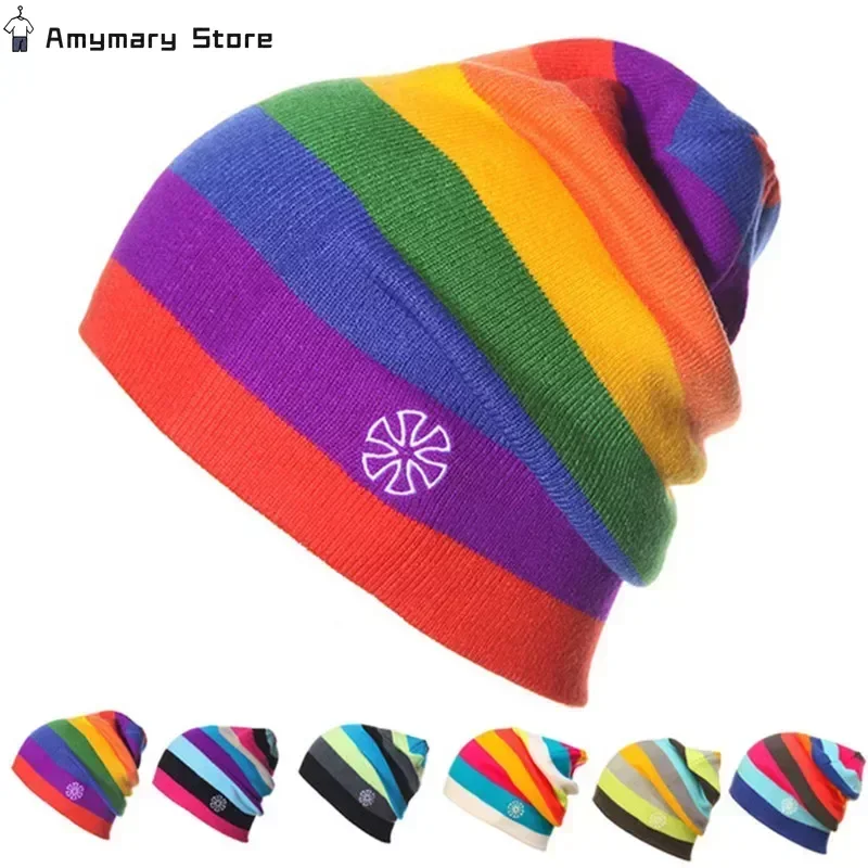 

Helisopus Winter Rainbow Striped Warm Knitted Hat Without Brim Winter Ski Hat Fashion Color Men and Women Warm Elastic Hat