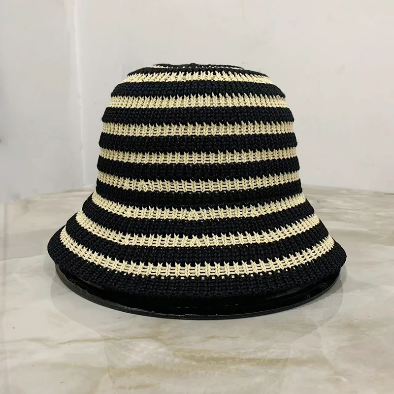 Striped Hollow Bucket Hats For Women Spring Summer New Sun Hat Female Crochet Fishermen Cap Outdoor Travel Basin Caps Panama