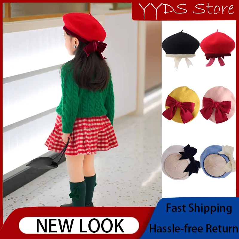 Autumn and Winter Sweet and Cute Bow Berets Children's Bow Velvet Hemmed Wool Mushroom Hat Wool Painter's Hat