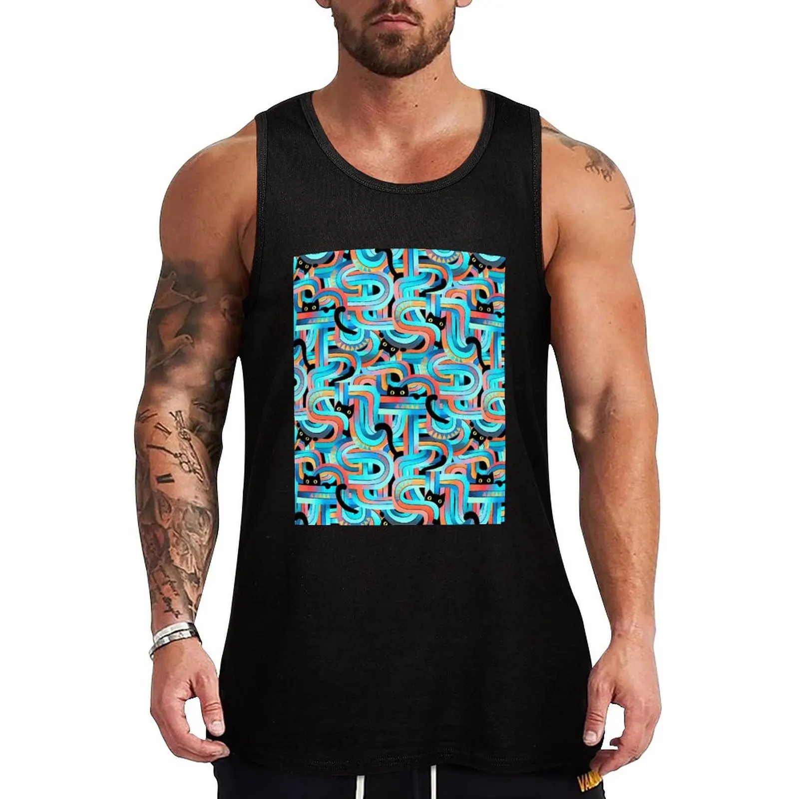 

Geo Cats Maze in Tangerine and Turquoise Tank Top bodybuilding men clothes gym t-shirts man T-shirt sports