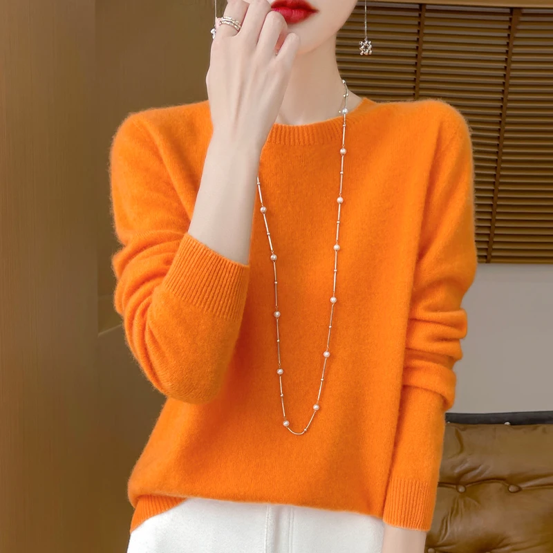 

2024 модный свитер из 100% мериносовой шерсти, кашемировый пуловер с круглым вырезом и длинными рукавами, женский трикотаж, осенне-зимняя одежда, топы Y2K, O Ling