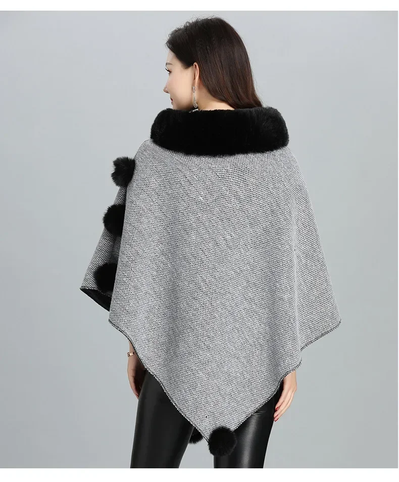 6 Colors Women Faux Rabbit Fur Pompon Triangle Pullover Streetwear Shawl Coat Winter Thick Loose Poncho Capes O Neck Ball Cloak