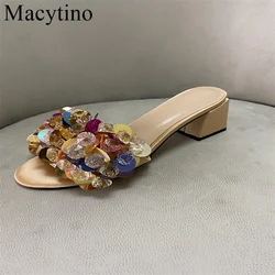 Flower Gem Rhinestone Decoration Ladies High Heel Green Slippers Low Heel Lady Shoes