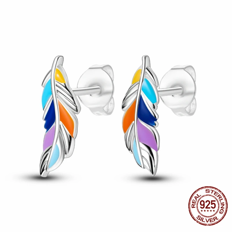 

925 Sterling Silver Earrings, Women's Colorful Feather Earrings, Anniversary Wedding Jewelry Gift