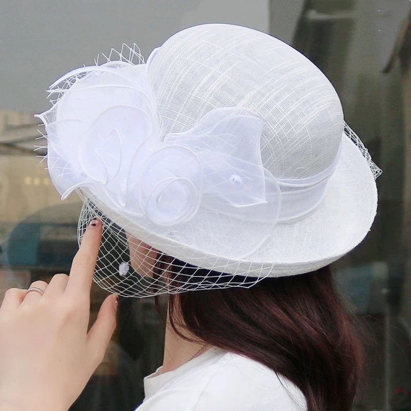 Women's Summer Sun Hat French Elegant Mesh Sun Shading Curled Brim Floral Top Hats British Retro Socialite Dinner Party Caps