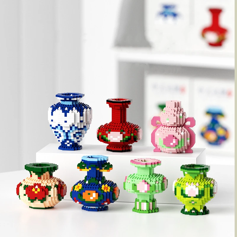 

New Blue And White Porcelain Vase Living Room Ornaments Small Particles Children's Educational Building Blocks Toys Gifts