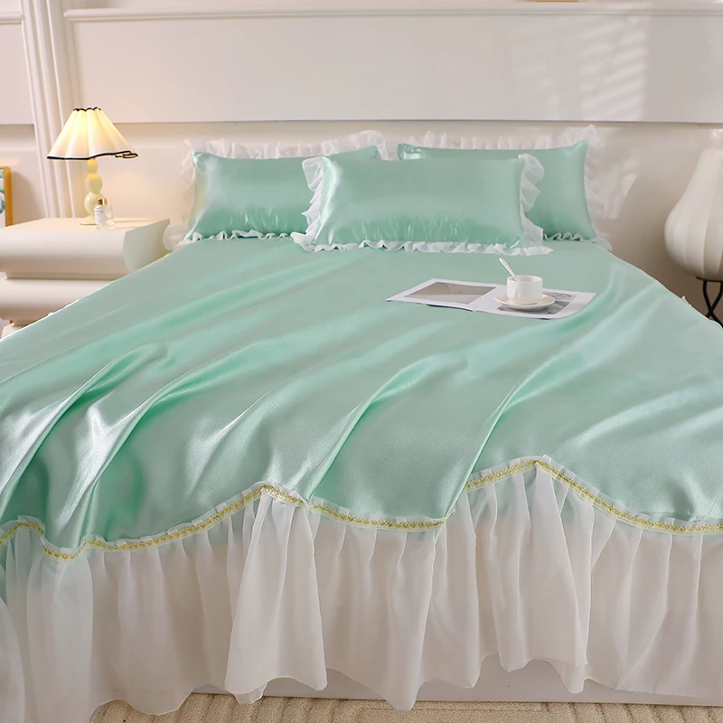 3pcs Solid Color Ice Silk Bed Skirt Set, Sage Green Smooth Soft Bedding, Adult Kid Simplicity White Ruffled Bedroom Bedspread