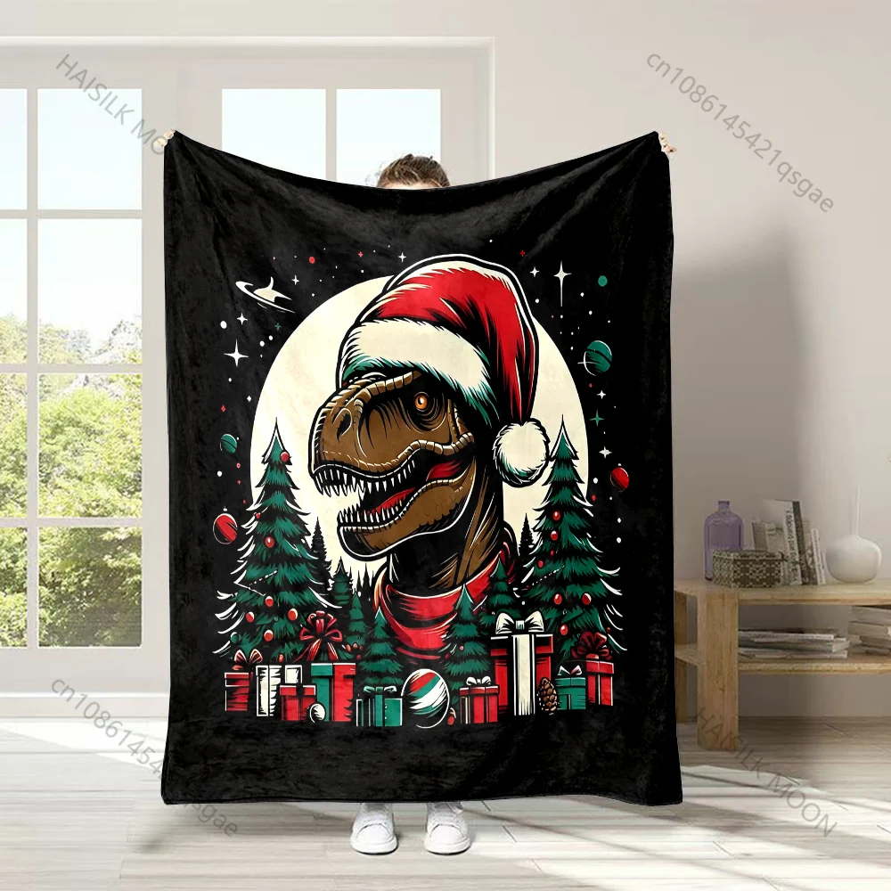 

Christmas Dinosaur with Festive Elements Pattern Blanket Flannel Material Soft Warm for All Seasons Home Outdoor Camping Picnics