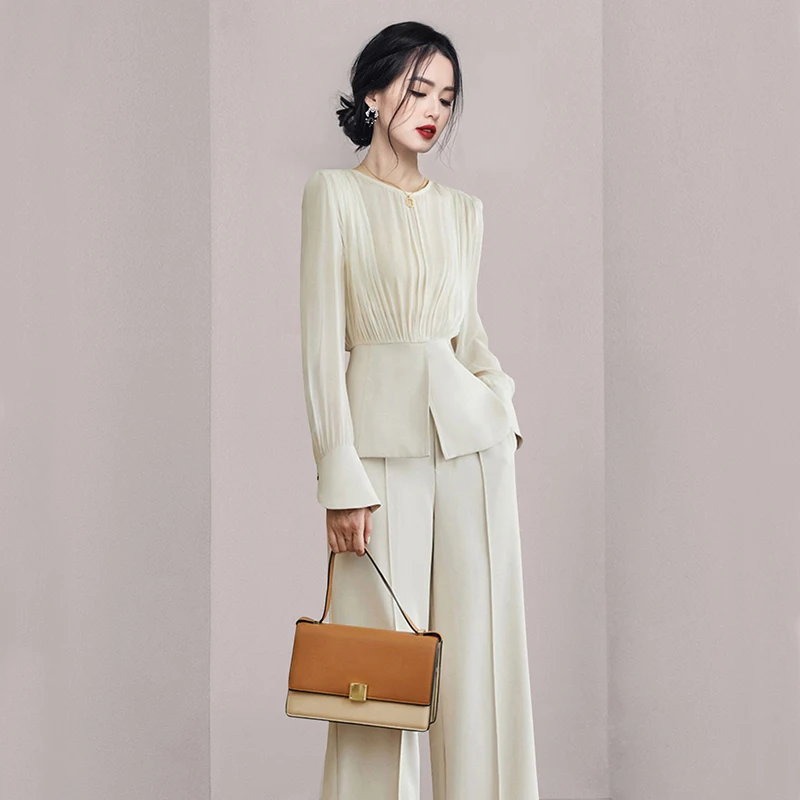 New Spring Summer Office Ladies 2 Piece Suits 2024 Elegant Women O Neck Long Sleeve Ruffles Tops + Pockets Work Wide-Leg Pants