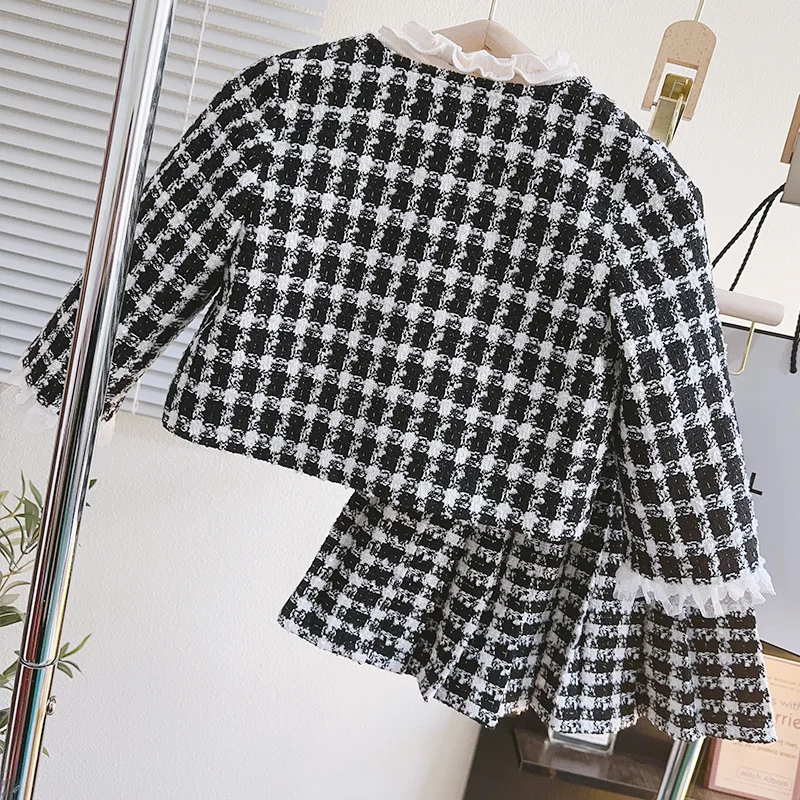 

Children's Clothing Girls' Short Skirt Two-Piece Set Stylish Plaid Long Sleeve Jacket Pleated Skirt Outfit Trendy