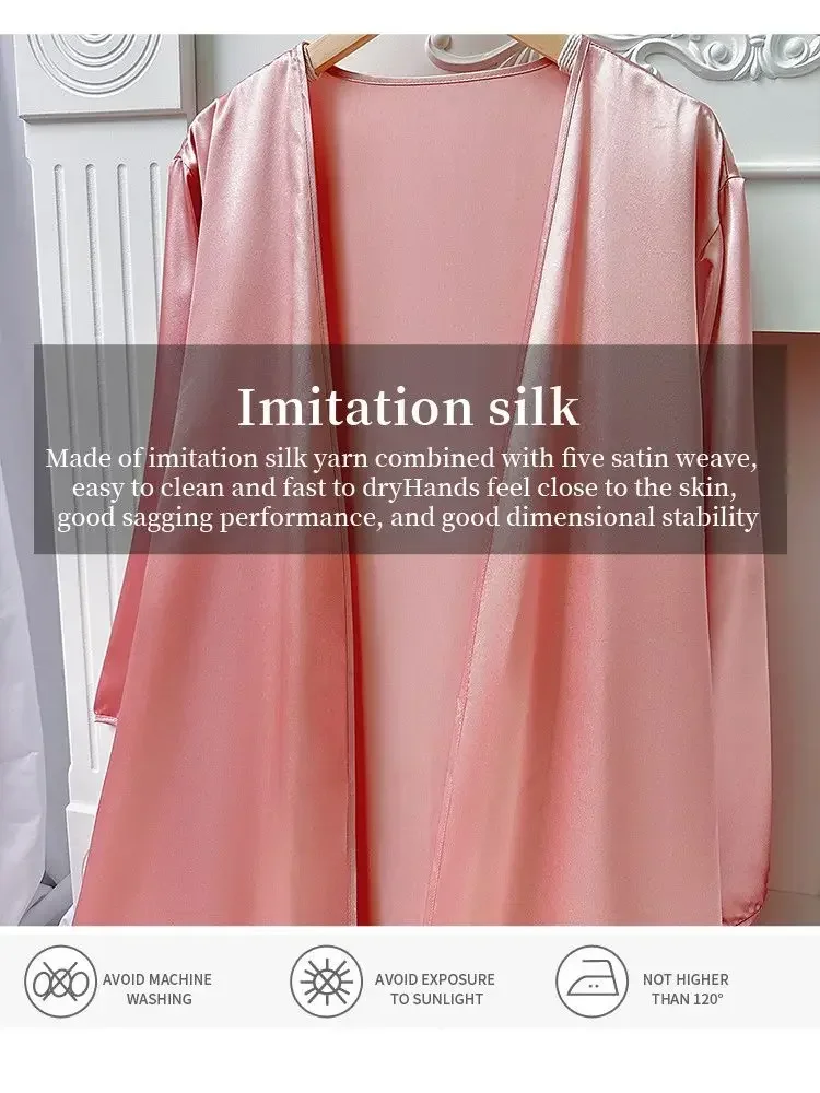 Solid Silk Satin Women Nightgown Set Sling Dress & Long Sleeve Robe Sleepwear 2 Pieces Sleeveless Cowl Neck Nightwear Homwear