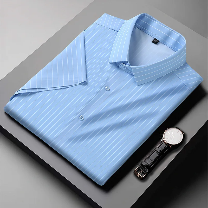 

Men Striped Shirts 52 54 Short Sleeve Plus Size Big Shirt 10XL 9XL 12XL 50 Summer Formal Blue White Shirt 160KG