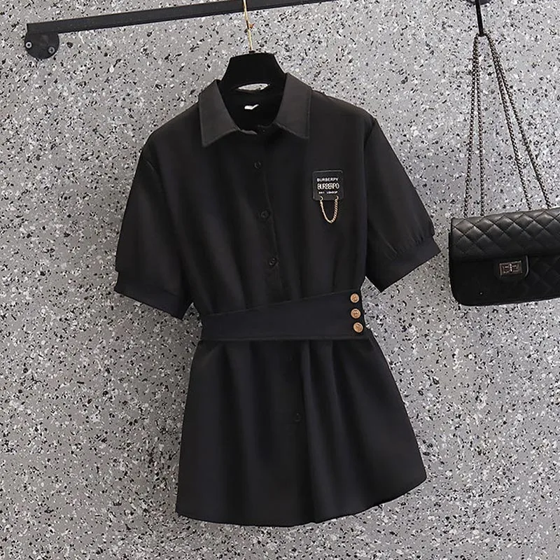 Summer Fashion Bandage Single-breasted Waist Shirt Korean Women\'s Clothing Solid Polo-Neck Chain Spliced Short Sleeve Blouses