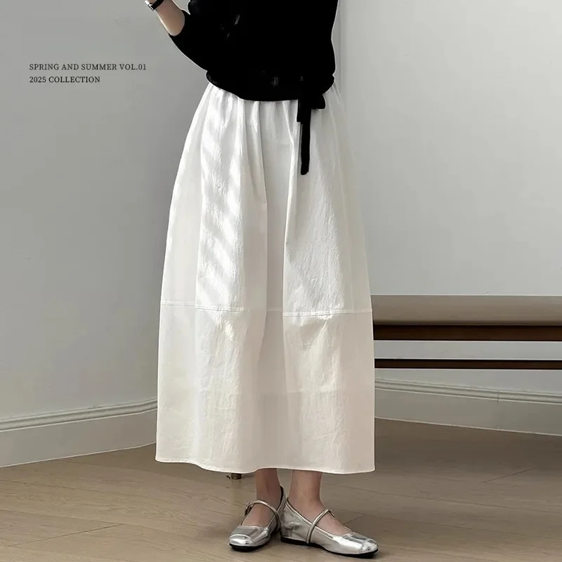 High Waist A-Line Midi Skirt White Splicing Spring Summer Women's Fashion Design Sensation Umbrella Shape Flower Bud Skirt