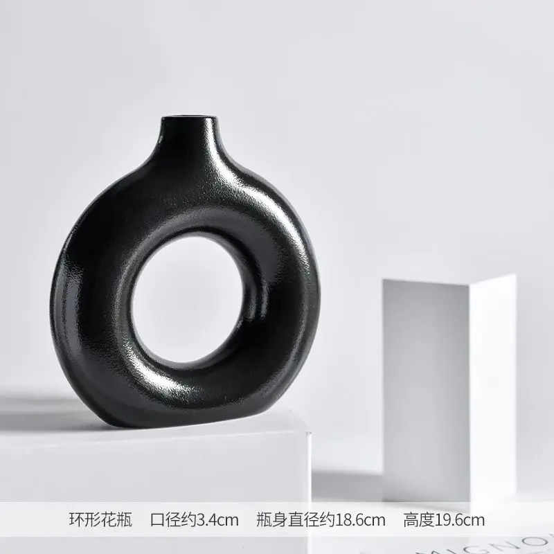 Modern Simple Geometric Black Vase Ceramic Soft Dried Flower Ornament Porch Flower Device  floreros vintage