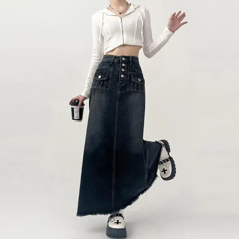 High-waisted Cargo Denim Skirt Women\'s Autumn Long A-line Mid-length Skirt  Retro Raw Edge Y2k Female Clothing Korean Style