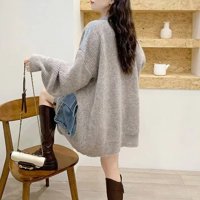 Womem Knitted Cardigan Coats Sweaters Full Sleeve V Neck Casual Loose Elegant Splice Denim Open Stitch Autumn Winter 2024