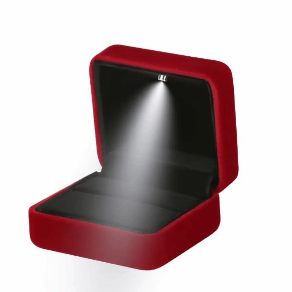 

Velvet LED Ring Jewelry Box Square Shape Solid Color LED Light Ring Display Case Reusable Portable Jewelry Organizer Box