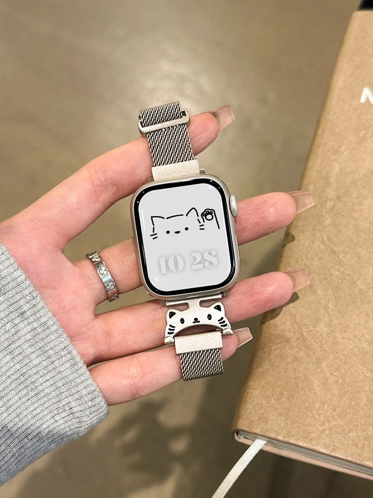 Cute Cat Milanese Band For iWatch Ultra 2 10 9 8 7 6 5 4 Metal Bracelet Strap For Apple Watch 38mm 40mm 41mm 42mm 45mm 46mm 49mm