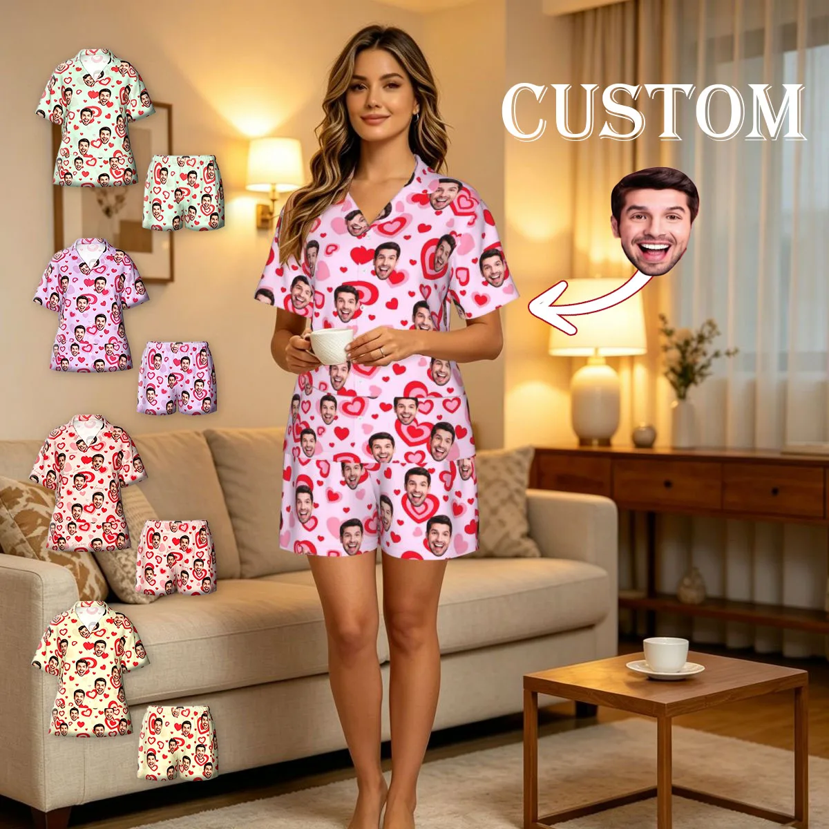 DIY personalized printed pajamas customized women's casual pajamas set with avatar prank face replacement gift for family friend