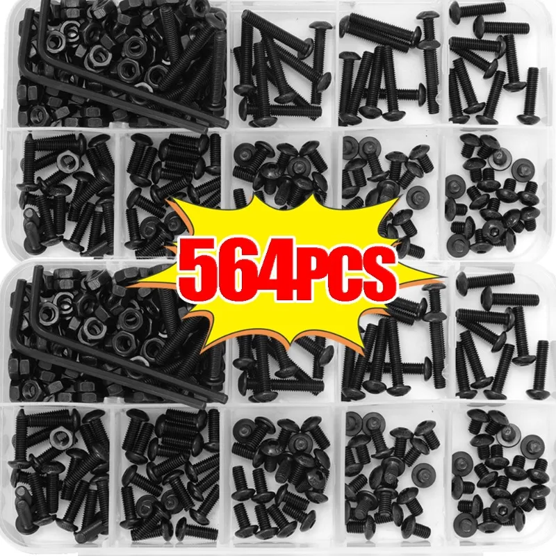 M3 Black Steel Socket Head Hex Round Cap Screws Set Nut Assortment Kit Button Head Allen Drive Fasteners Industrial Repair Tools