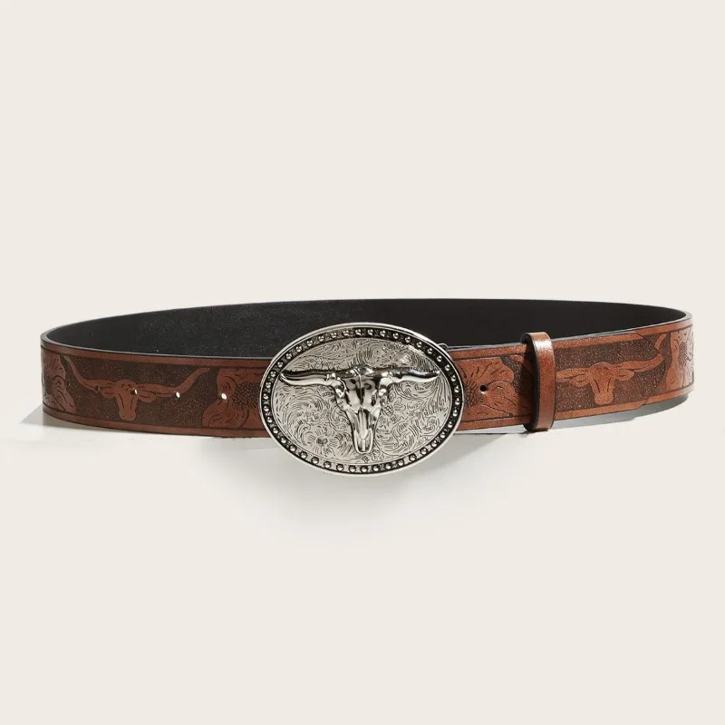 

American Y2 Western Cowboy Retro Fashion Horsehead Buckle Trendy Personality PU Belt Embossed Leather Accessories