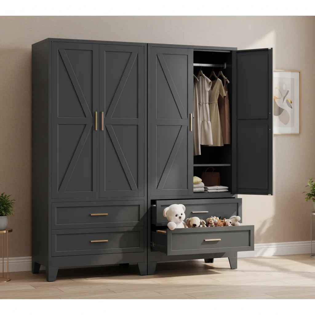 

#Modern metal wardrobe, with hanging rod, walk-in wardrobe, adjustable shelves, black finish, Italian home furniture