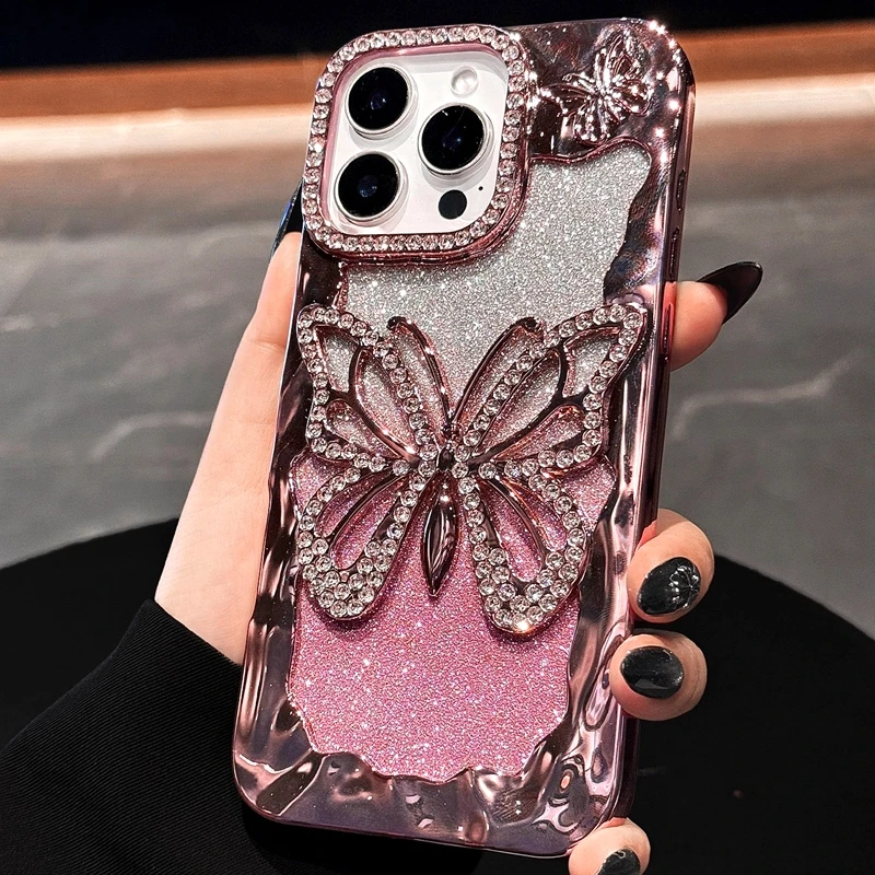 

Pop Luxury Soft Butterfly Diamond Phone Case For IPhone 11 12 13 14 15 16 17 Pro Max Plus Air Glitter Bumper Back Cases Cover